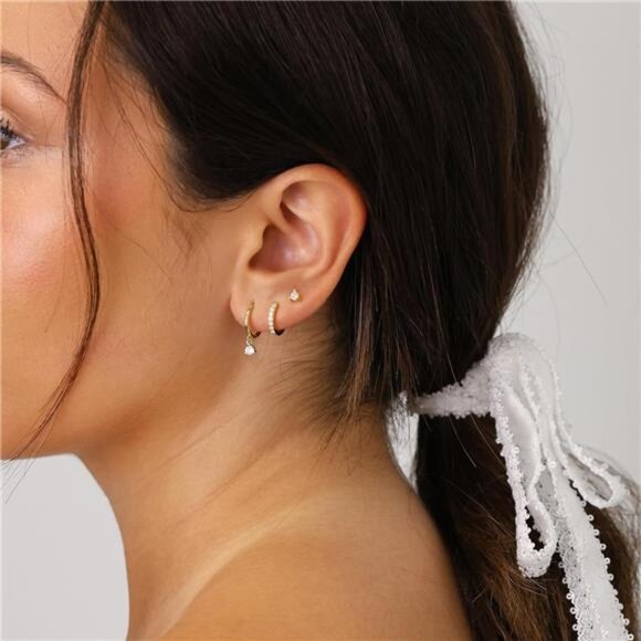 3-Pair Gold Hoop Earrings Set: Dainty 14K Gold Plated Studs & Huggie Hoops - Picture 4 of 8